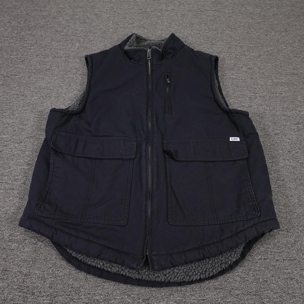 Lee Vest Mens Medium Black Canvas Sherpa Lined Workwear Full Zip Utility Pockets